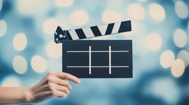 A hand holds a movie clapperboard against a bokeh background, symbolizing film production and creativity.