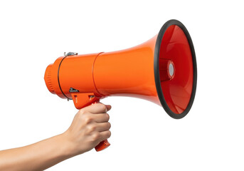 Orange megaphone bullhorn loudspeaker in hand communication tool announcer equipment sound amplifier voice projection isolated on transparent background