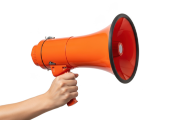 Orange megaphone bullhorn loudspeaker in hand communication tool announcer equipment sound amplifier voice projection isolated on transparent background