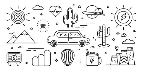 Desert adventure road trip collection featuring car cacti mountains sun and more
