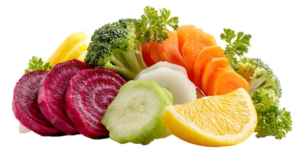 Freshly cut assorted vegetables and citrus fruits isolated on transparent background © Rifat