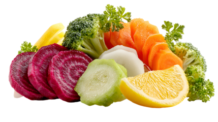 Freshly cut assorted vegetables and citrus fruits isolated on transparent background