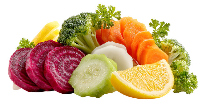Freshly cut assorted vegetables and citrus fruits isolated on transparent background