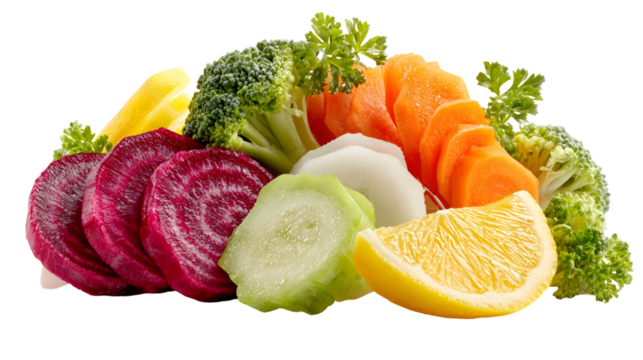Freshly cut assorted vegetables and citrus fruits isolated on transparent background