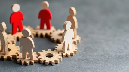 A group of wooden figurines in various colors stands on interlocking gears, symbolizing teamwork and collaboration.