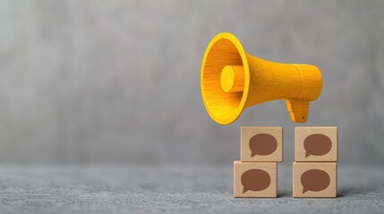 A bright yellow megaphone stands next to wooden blocks with speech bubbles, symbolizing communication and expression.