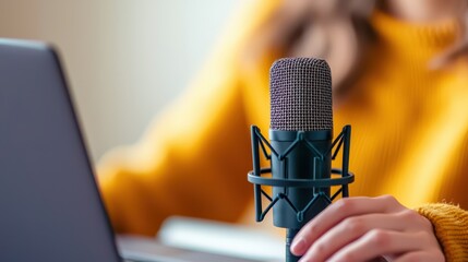 A close-up of a microphone in front of a person using a laptop, wearing a cozy yellow sweater, suggesting a creative or professional audio setup.