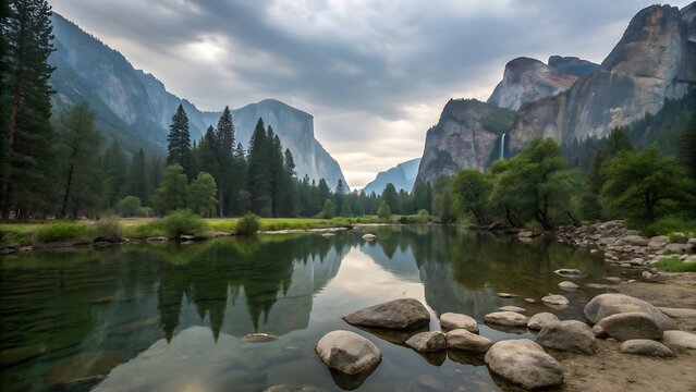 Majestic view of yosemite valley with the merced river reflecting the towering granite cliffs, lush green trees, and dramatic sky, showcasing the parks natural beauty