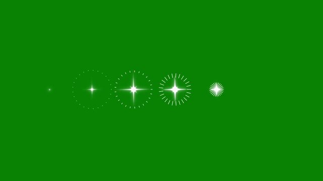 Twinkle sparkling stars with fireworks circle burst animation, glowing stars sparkle with white cartoon, flat, vector, doodles style stars blinking animation on green screen background. 4K video