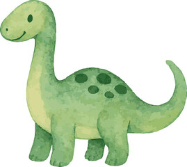Vector adorable watercolor illustration of a green cartoon childish brontosaur