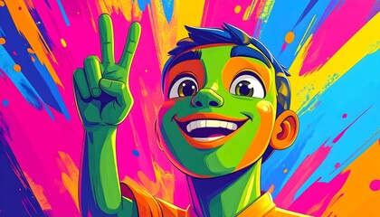 Joyful cartoon character with vibrant colors flashes peace sign, radiating positivity and energetic fun for modern designs