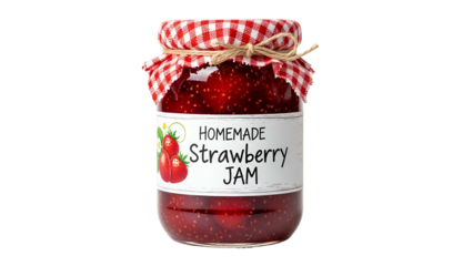 Homemade Strawberry Jam in Glass Jar with Red Gingham Cloth Cover on Transparent Background