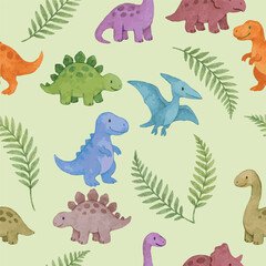 vector seamless pattern with cute childish watercolor illustrated colorful dinosaurs with ferns © Mantella