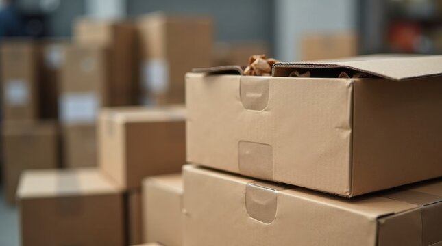 Cajas de cart&oacute;n reciclado cuidadosamente apiladas. Etiquetas minimalistas y un fondo de almac&eacute;n difuminado que enfatizan el concepto de embalaje ecol&oacute;gico