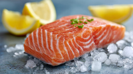 Raw salmon fillet on ice with lemon slices.