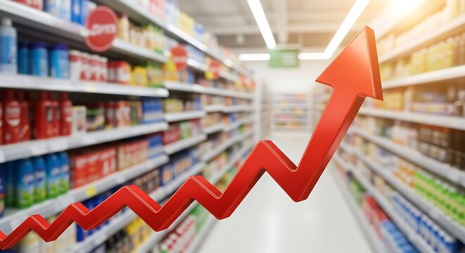 Red arrow graph rising above store shelves upward trend - Powered by Adobe