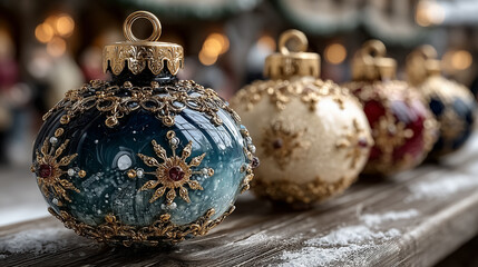 Macro Shot of Shimmering Christmas Ornaments with Gold Polka Dots