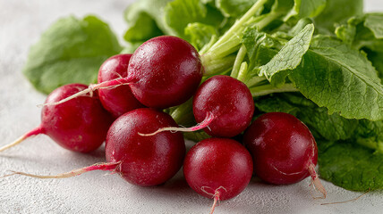 Close-up of fresh red radishes with green leaves.
