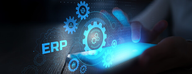 Enterprise Resource Planning ERP Business Process Automation Interface with Gear Icons and Digital Dashboard.