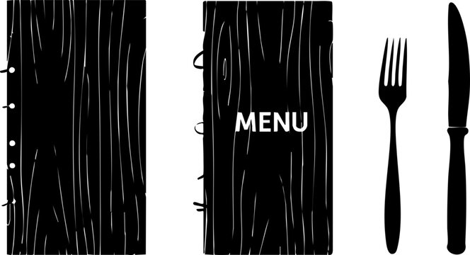 Elegant restaurant menu design with rustic wood texture and classic silverware graphics, perfect for showcasing culinary delights and inviting dining experiences