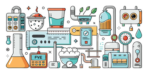 Abstract chemistry and science laboratory equipment collage with colorful accents