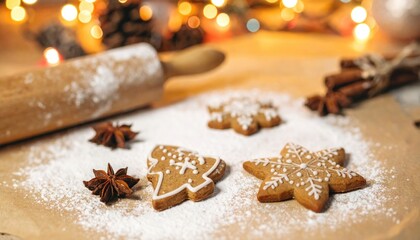 Christmas gingerbread cookies on parchment paper, powdered sugar, star anise, cinnamon sticks, vintage rolling pin