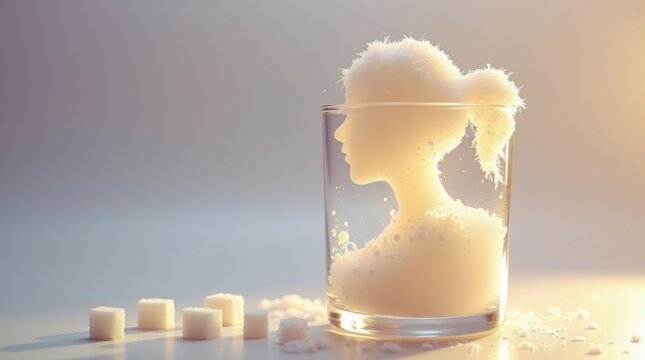 Silueta humana hecha de terrones de az&uacute;car que se disuelven lentamente en agua, simbolizando el desequilibrio metab&oacute;lico y la p&eacute;rdida de energ&iacute;a