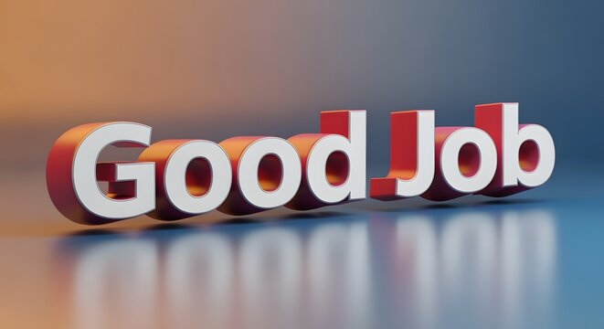 GOOD JOB in bold 3D typography with soft shadows and highlights on a colorful backdrop, perfect for motivational graphics.