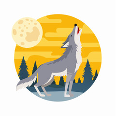 Fototapeta premium Wolf howling at the moon against a sunset backdrop, vector illustration, wildlife scene