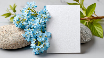 Delicate blue flowers lying on smooth rocks, next to an empty white card.