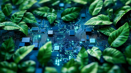A chip intertwined with green plants. The leaves of the vegetation surround and partially cover the boards on a dark blue background, symbolizing the integration of technology and nature.