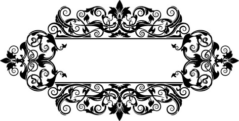 Elegant vintage ornamental frame design with intricate floral swirls and a central blank space for text or logos, perfect for invitations and branding.