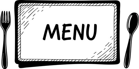 Chic hand drawn menu board with fork and spoon evokes classic dining and culinary inspiration for restaurant branding and design.
