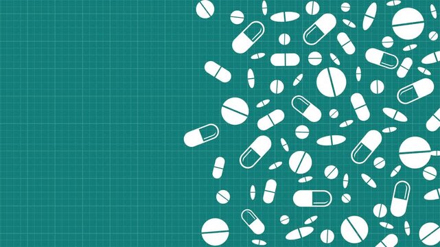 Teal grid background with clustered pill icons and empty space for text. Medical animated frame. Looped.