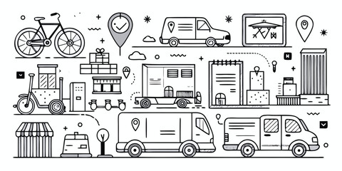 Logistics and delivery icons featuring vehicles packages and tracking for seamless operations