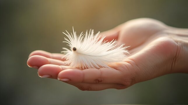 Delicate white feather resting gently in the palm of a hand, symbolizing softness, peace, and tranquility for mindful wellness and serene lifestyle concepts