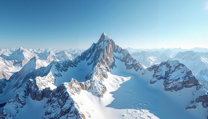 Snow-covered mountain peak under clear blue sky in winter  
