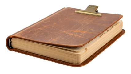 Vintage Brown Leather Notebook with Metal Clip and Thick Pages on Transparent Background