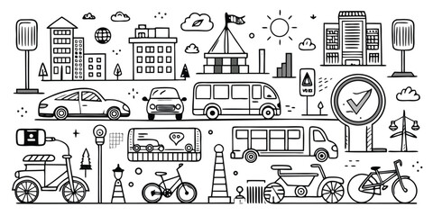 Diverse city transportation options bicycle cars buses trucks and buildings line art scene