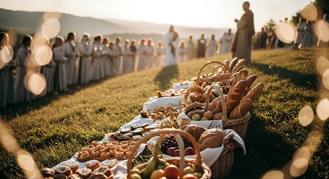 Outdoor feast with baked goods and fruit bread pastries