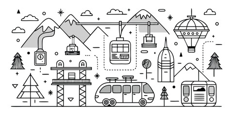 Naklejka premium Mountain transportation panorama featuring cable cars buses hot air balloons and ski lifts