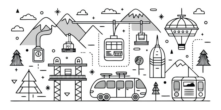 Mountain transportation panorama featuring cable cars buses hot air balloons and ski lifts
