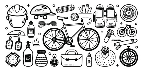 Collection of outdoor adventure and cycling gear line art icons for travel and recreation