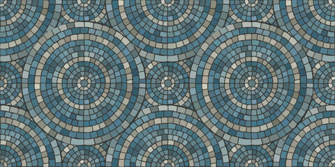 Seamless pattern blue Circular Mosaic. Decorative Antique Stone Ornament.