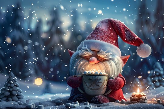 Cozy gnome enjoying hot chocolate in snowy forest during winter festivities