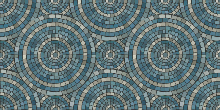 Seamless pattern blue Circular Mosaic. Decorative Antique Stone Ornament.