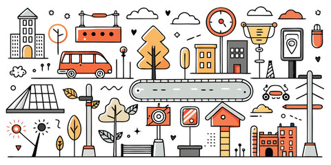 Urban scene elements collection including buildings vehicles trees and signs