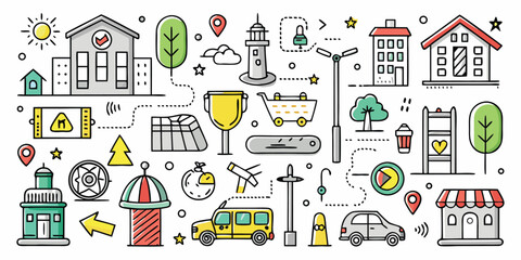 Diverse collection of urban elements and vehicles for city life design