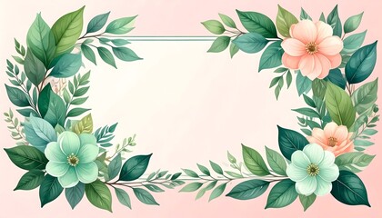Elegant floral border design with soft green leaves and delicate peach and mint flowers, perfect for invitations and greeting cards