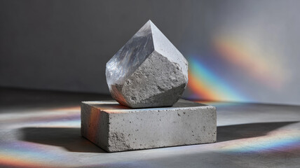 Geometric concrete sculpture with rainbow reflections